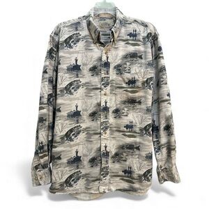 RedHead Mens Medium All Over Print Fishing Scene Shirt Bass Boat Cotton Outdoors